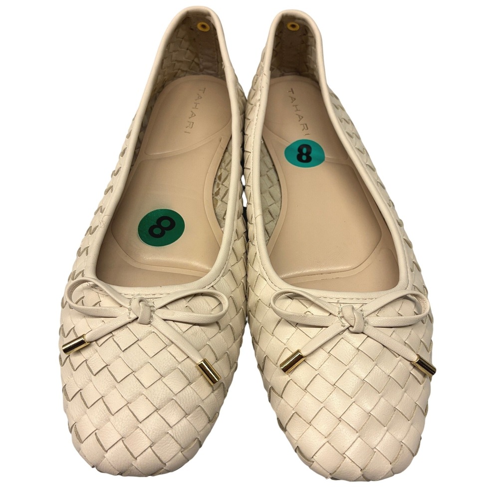 Tahari Samila Woven Leather Ballet Flats Womens 8 Cream Bow Balletcore Preppy